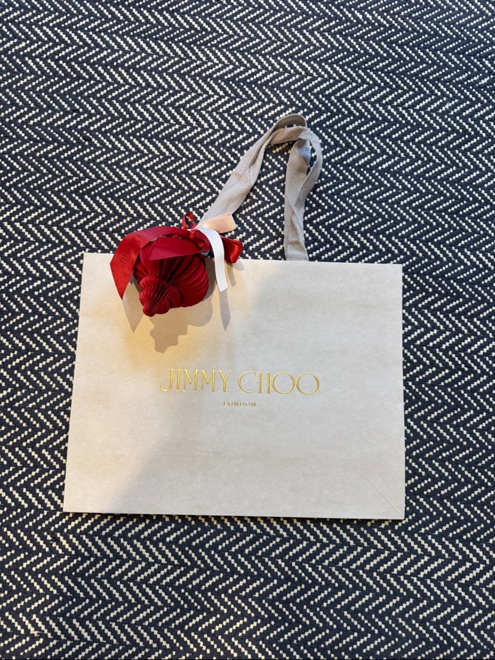 Jimmy Choo Cream Shopping Bag (11” by 14”) with Red Ribbon Ornament